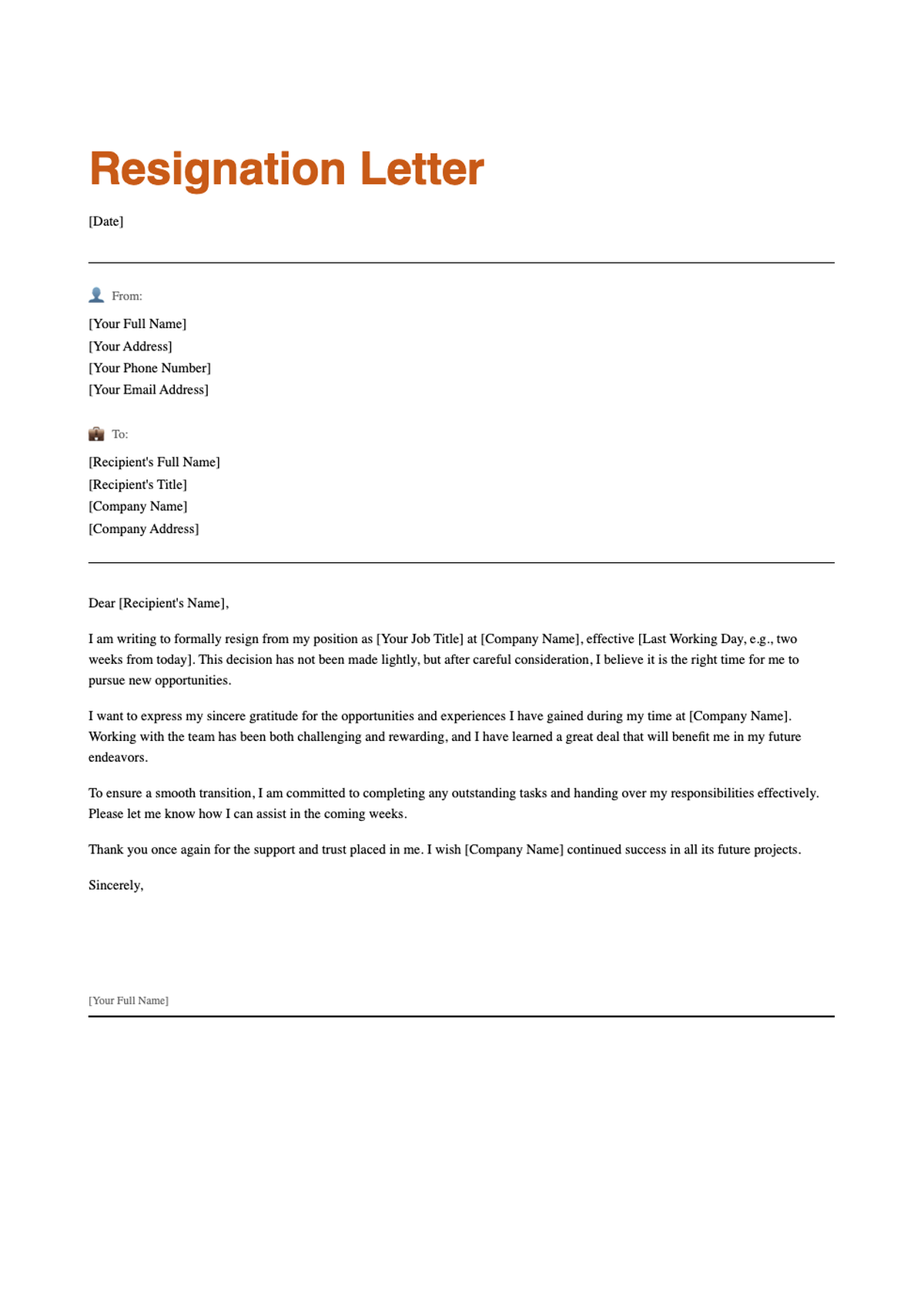 Professional resignation letter template with orange header and signature line_variant_2